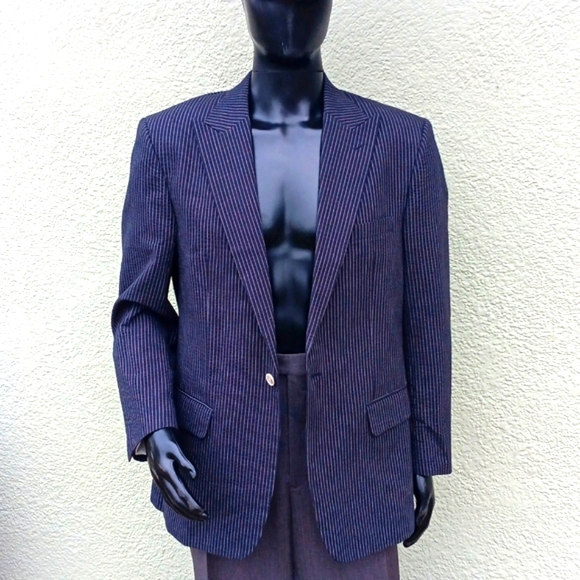 BLUE by PRONTO UOMO MEN'S PURE COTTON BLACK BLAZER W/WHITE PIN STRIPES - Picture 3 of 17